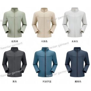 man and woman      soft shell up-standing collar     shell: 92%polyester, 8%spandex     inner: 100%polyester polar fleece  330gsm